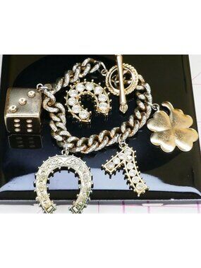 Vintage Gold Luck Charm Bracelet Horseshoe Dice Lucky 7 Four Leaf Clover 80s